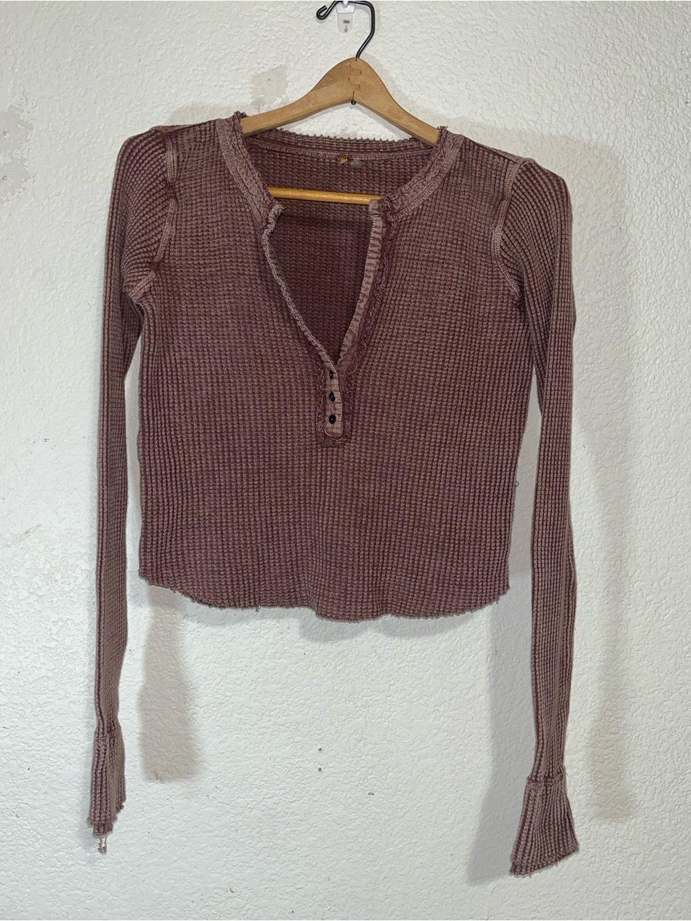 FP One Long-Sleeve Waffle Henley Top in Mauve Pink